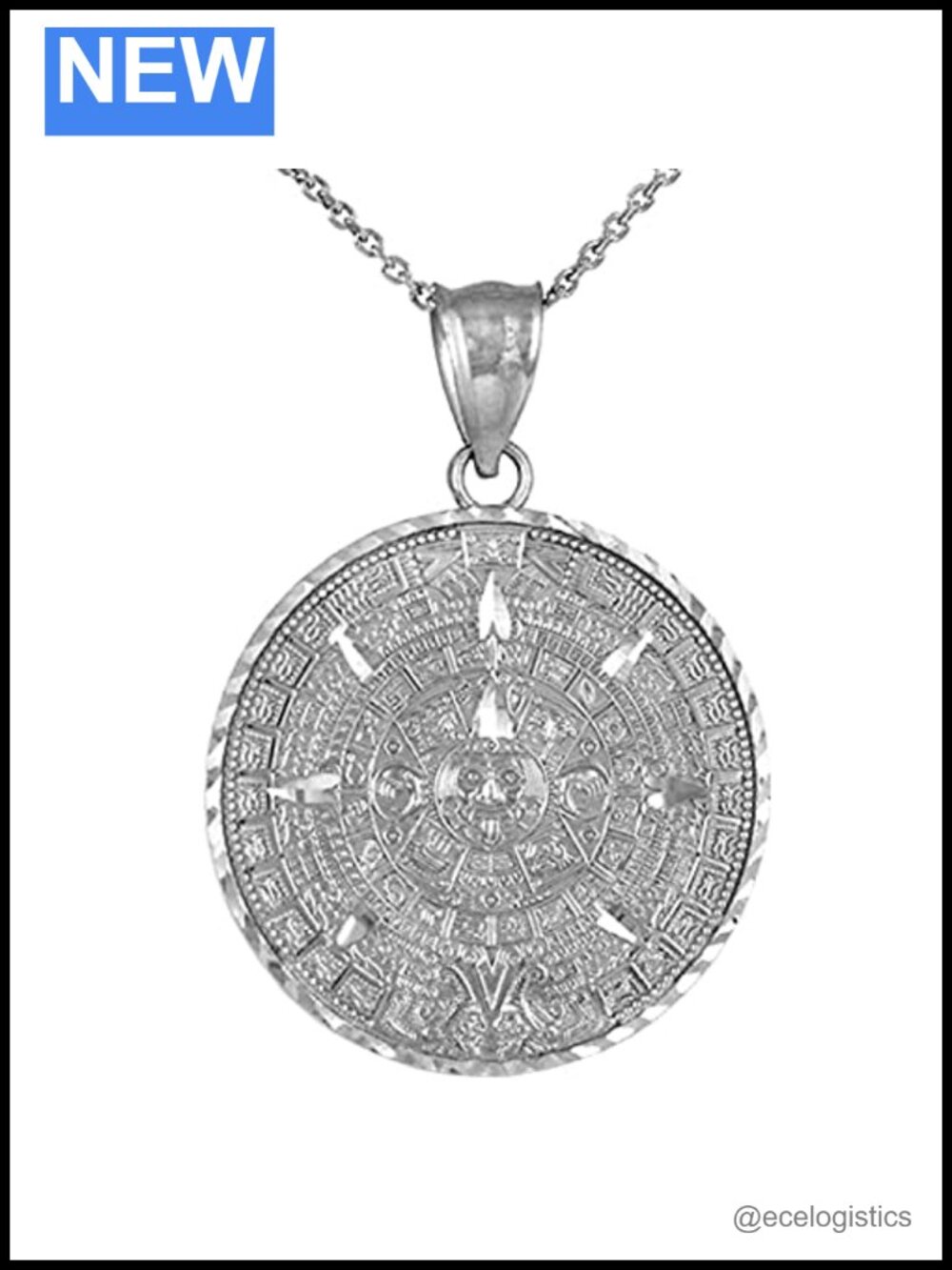 .925 Sterling Silver Aztec Mayan Calendar Charm Pendant Necklace Rolo Chain